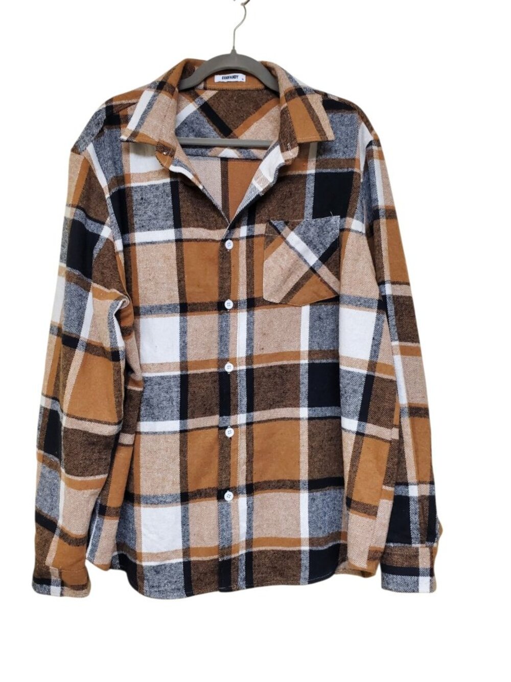 Coofandy Men's Orange Brown White Plaid Flannel Long Sleeve Button Up Shirt XL